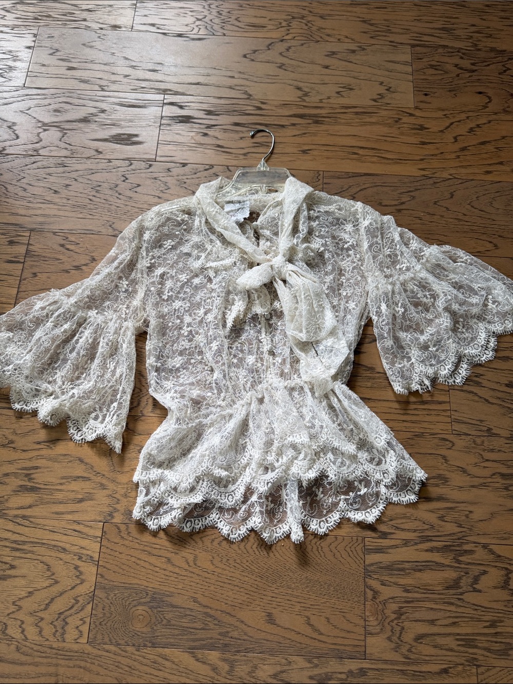 Ryu Ivory Lace Tie-Neck Peplum Blouse